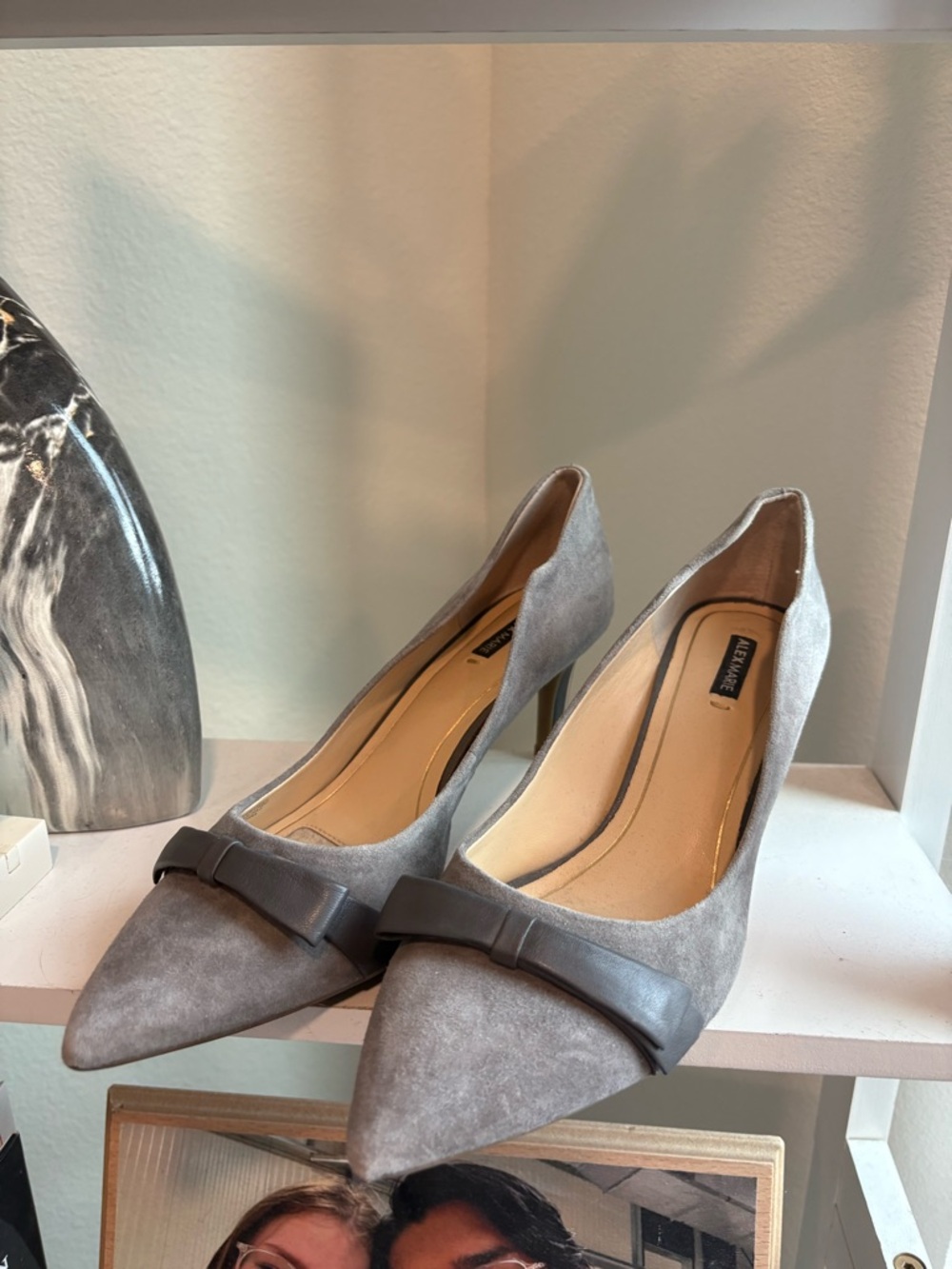 Alex Marie Gray Suede Pointed-Toe Pumps with Bow